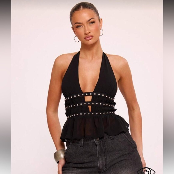 ASOS Black Studded Halter Crop Top - Picture 1 of 4